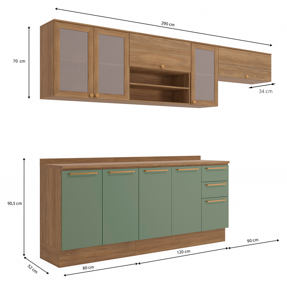 Cozinha Compacta Botanic com Tela 9 Portas 3 Gavetas Nogueira e Verde