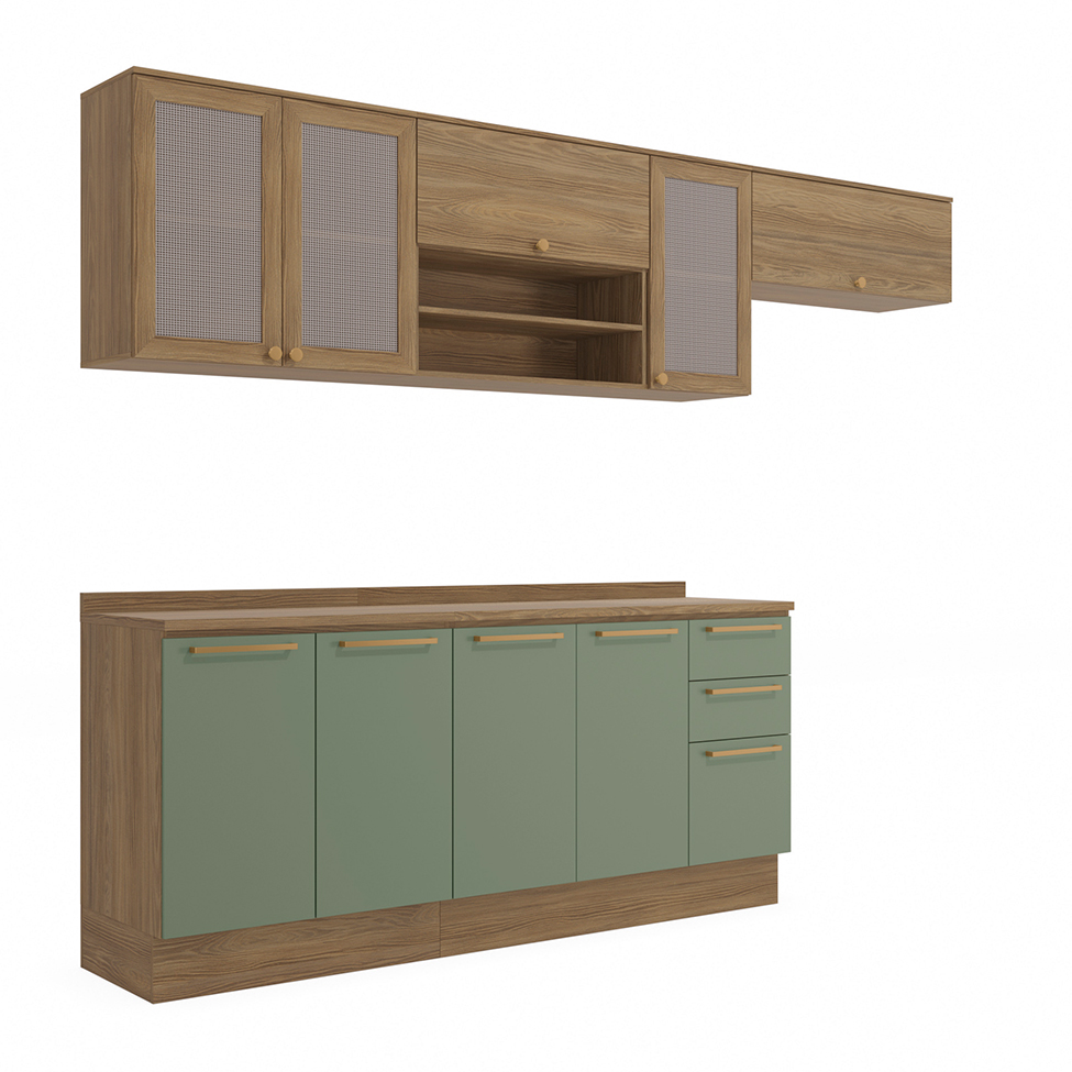 Cozinha Compacta Botanic com Tela 9 Portas 3 Gavetas Nogueira e Verde