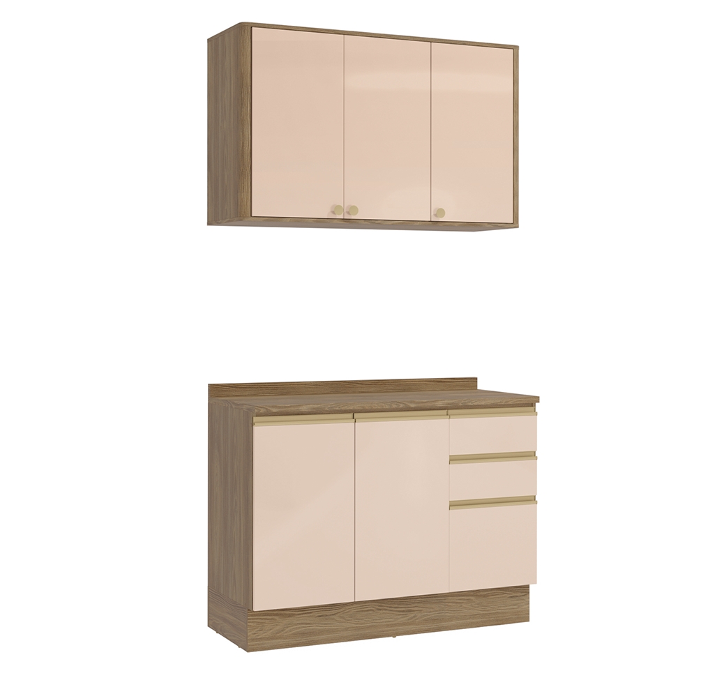 Cozinha Compacta Curve 5 Portas 3 Gavetas Nogueira e Macadâmia