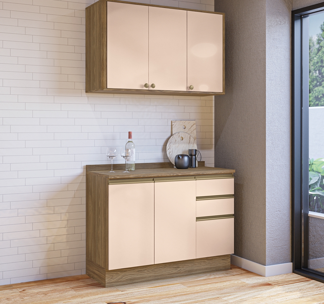 Cozinha Compacta Curve 5 Portas 3 Gavetas Nogueira e Macadâmia