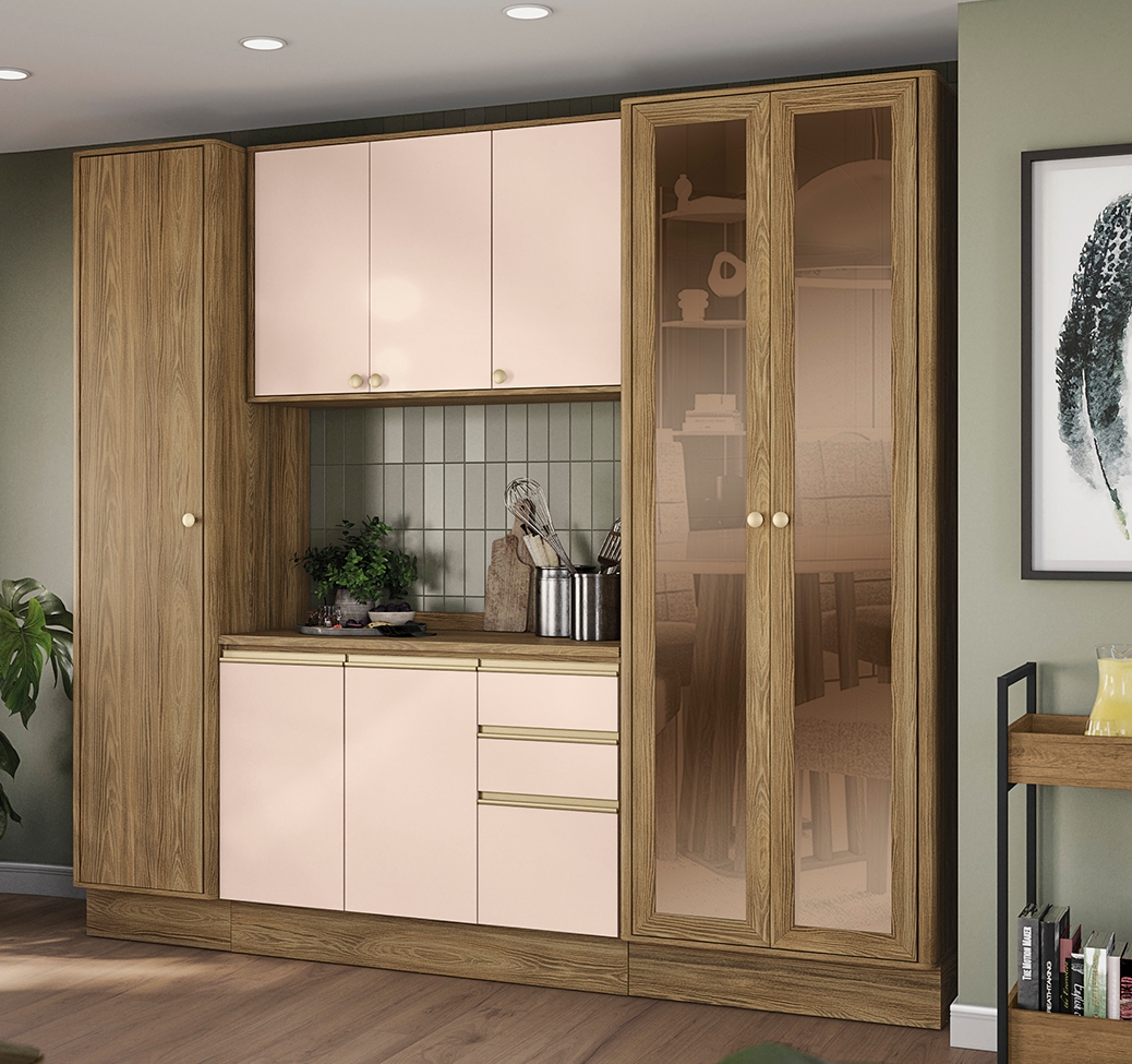 Cozinha Compacta Curve com Vidro 8 Portas 4 Gavetas Nogueira e Macadâmia
