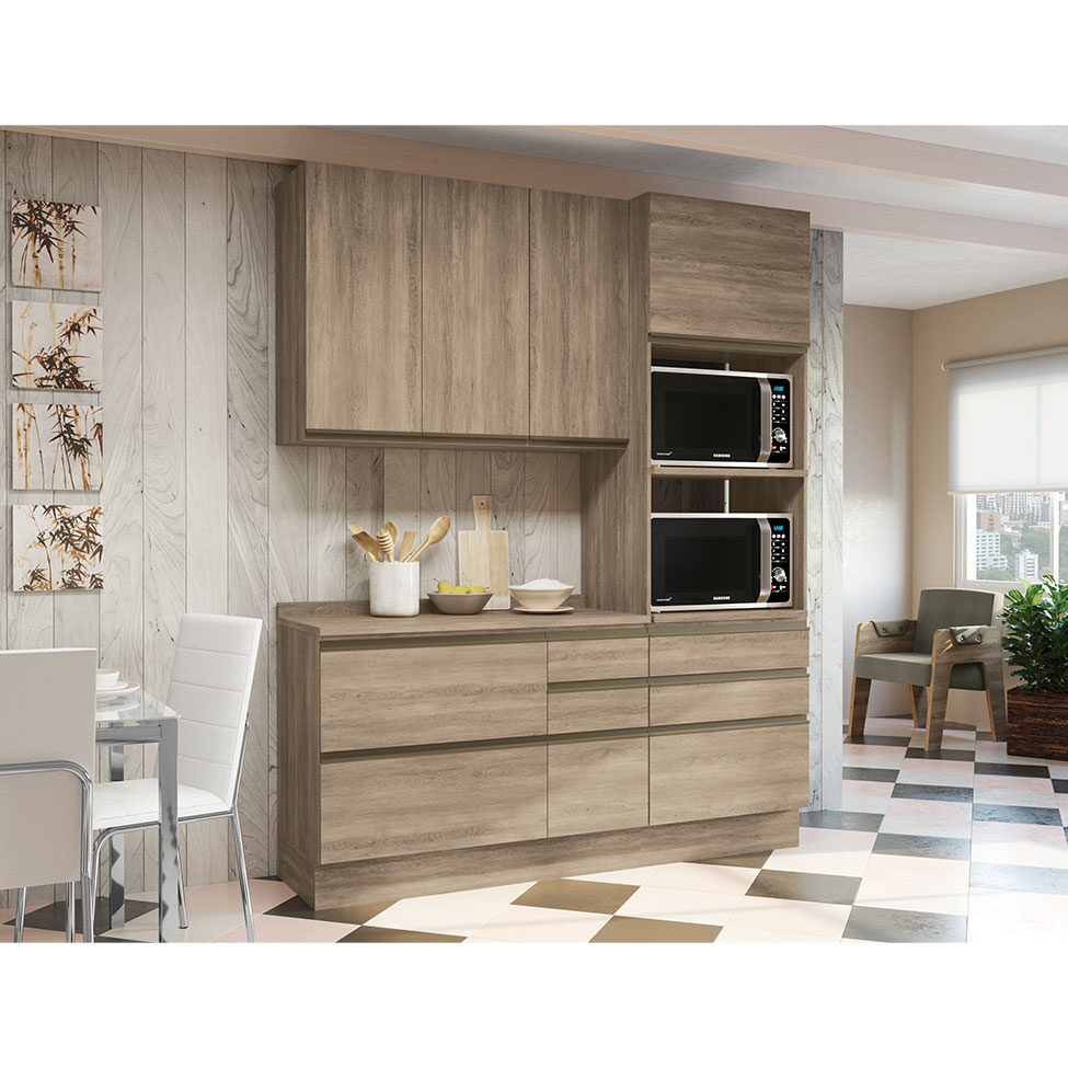 Cozinha Compacta Maxxi com Tampo 5 Portas 7 Gavetas Nogal