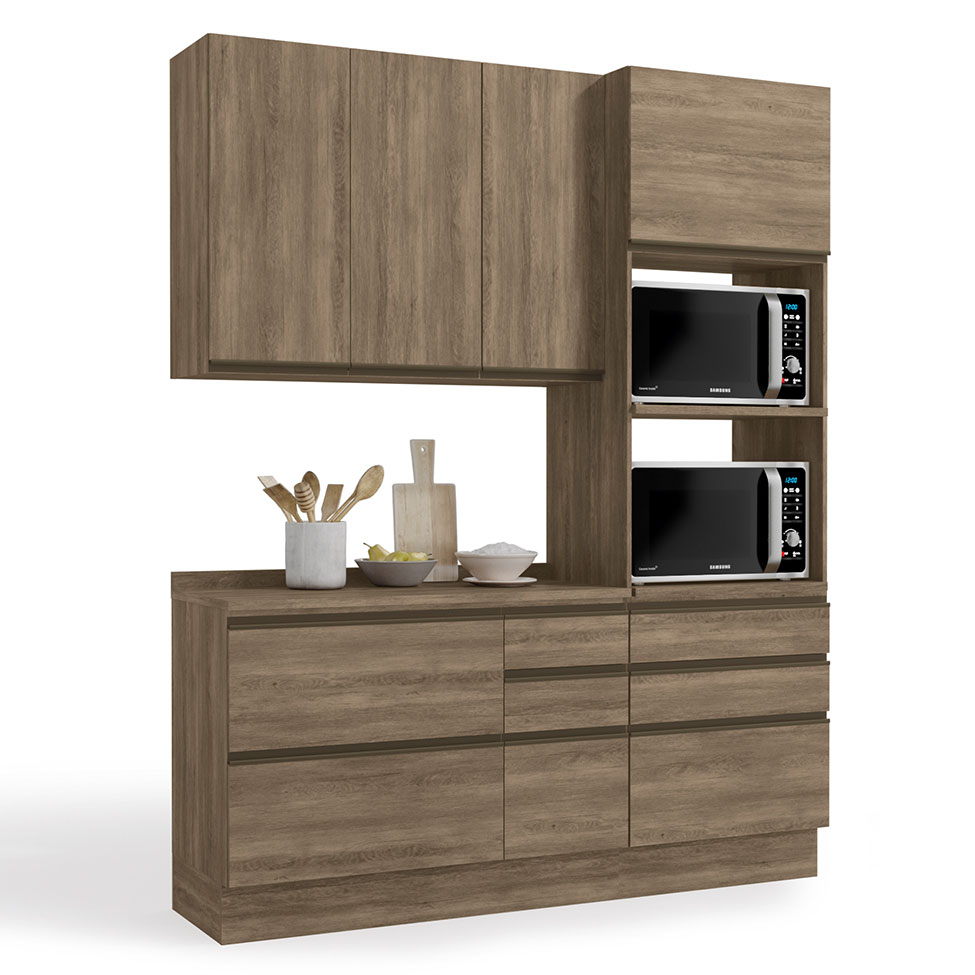 Cozinha Compacta Maxxi com Tampo 5 Portas 7 Gavetas Nogal