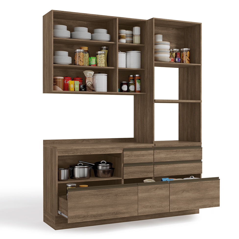 Cozinha Compacta Maxxi com Tampo 5 Portas 7 Gavetas Nogal