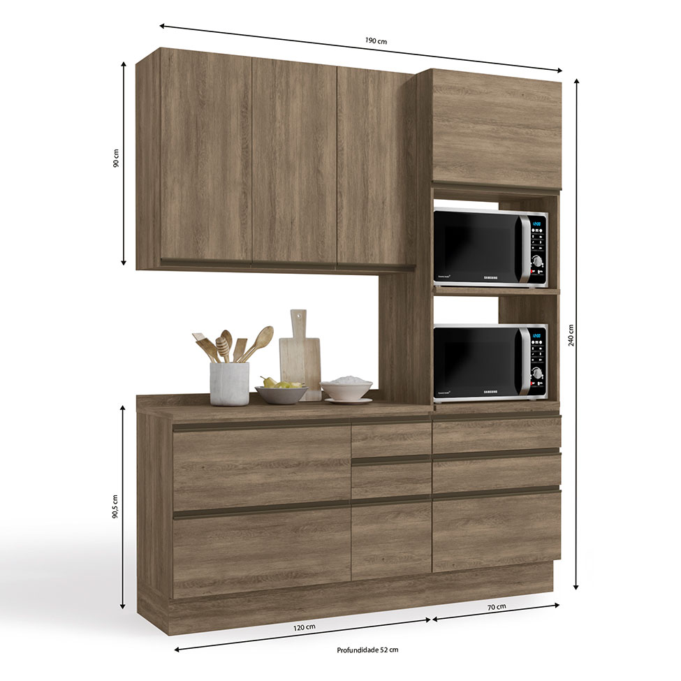Cozinha Compacta Maxxi com Tampo 5 Portas 7 Gavetas Nogal