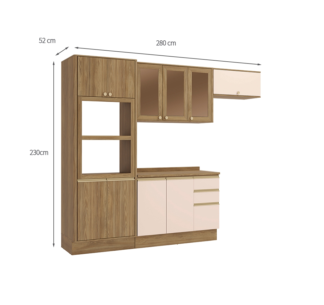 Cozinha Completa para 2 Fornos Curve com Vidro 10 Portas 3 Gavetas Nogueira e Macadâmia