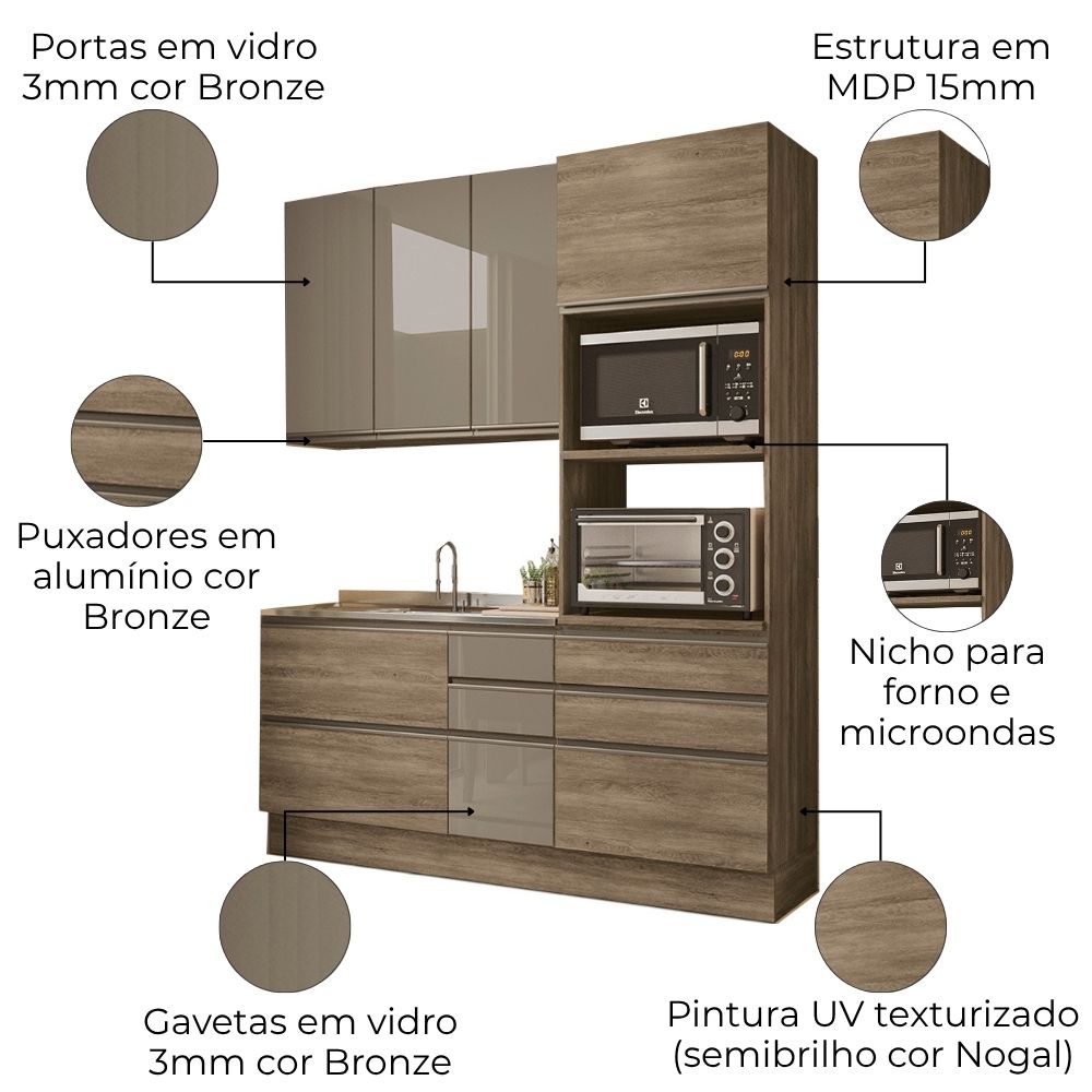 Cozinha Modulada 3 Pecas 190 cm MDP Maxxi Nogal Kappesberg