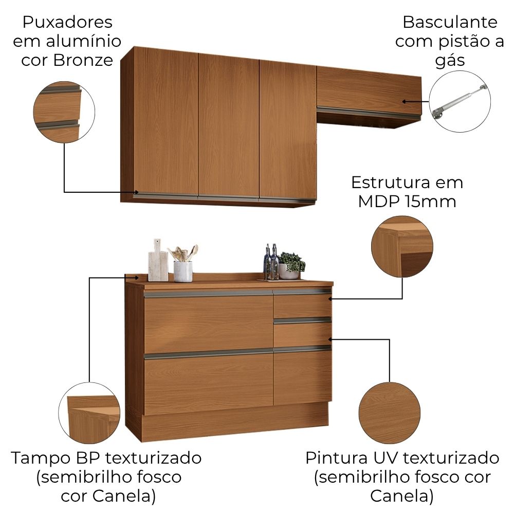Cozinha Modulada 4 Pecas 200 cm MDP Maxxi Canela Kappesberg
