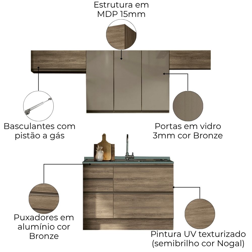 Cozinha Modulada 4 Pecas 260 cm MDP Maxxi Nogal Kappesberg