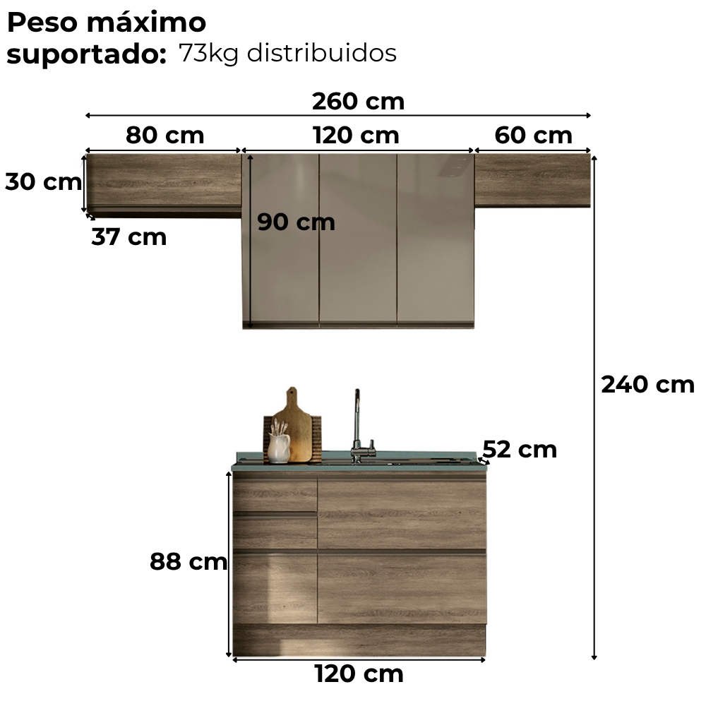 Cozinha Modulada 4 Pecas 260 cm MDP Maxxi Nogal Kappesberg