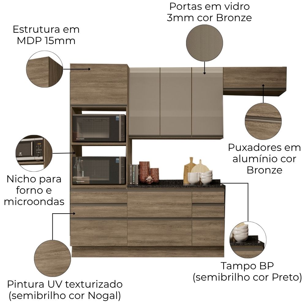 Cozinha Modulada 5 Pecas 270 cm MDP Maxxi Nogal Preto Kappesberg