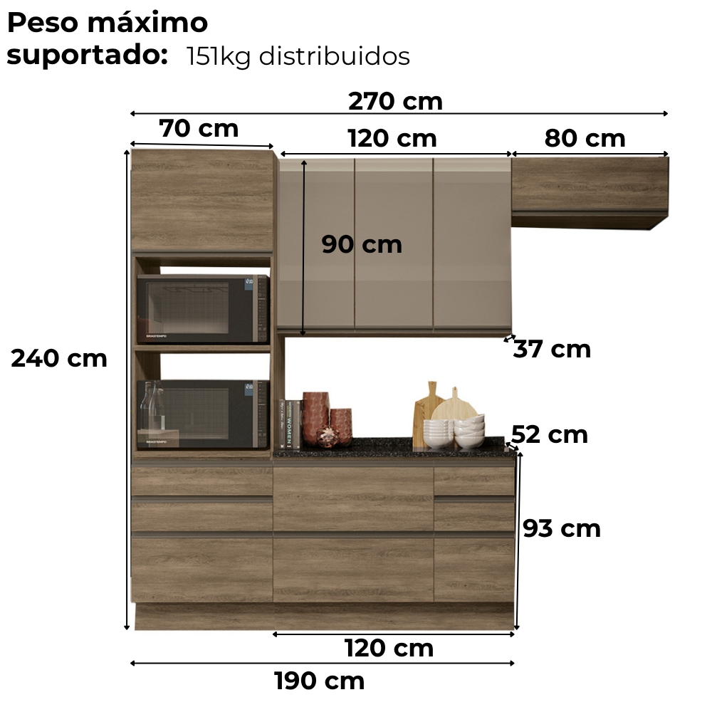 Cozinha Modulada 5 Pecas 270 cm MDP Maxxi Nogal Preto Kappesberg