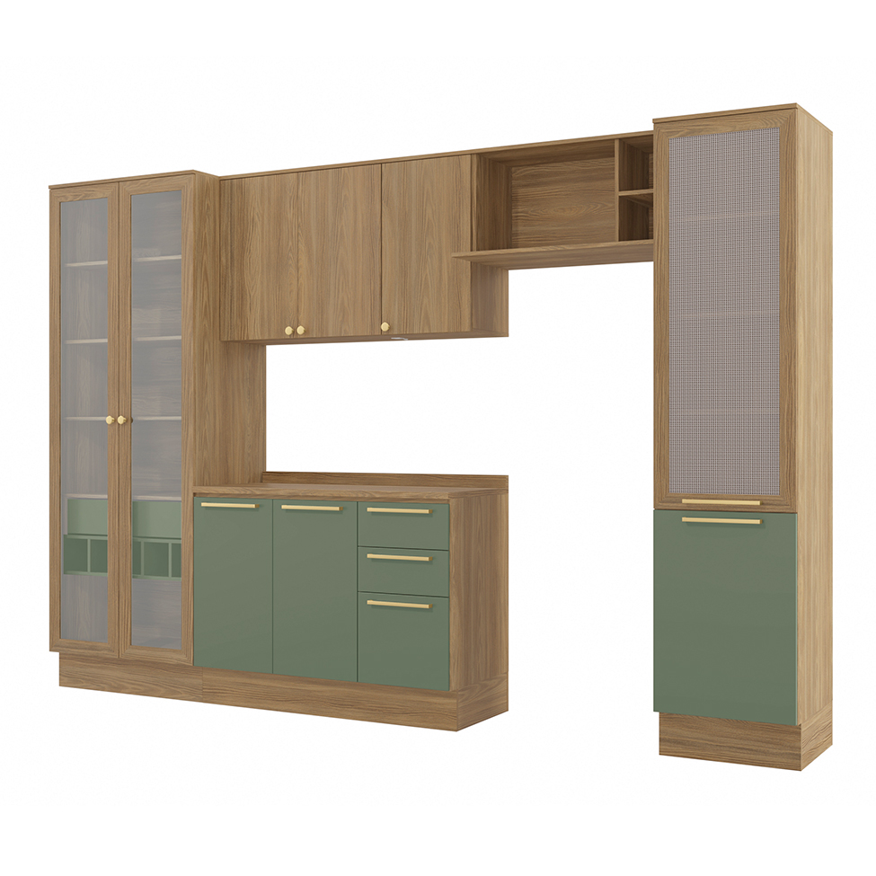 Cozinha compacta Botanic com Tela e Vidro 9 Portas 4 Gavetas Nogueira e Verde
