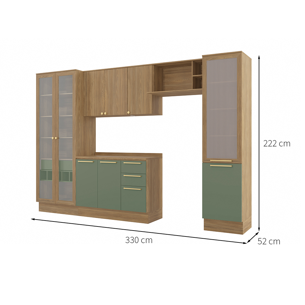Cozinha compacta Botanic com Tela e Vidro 9 Portas 4 Gavetas Nogueira e Verde