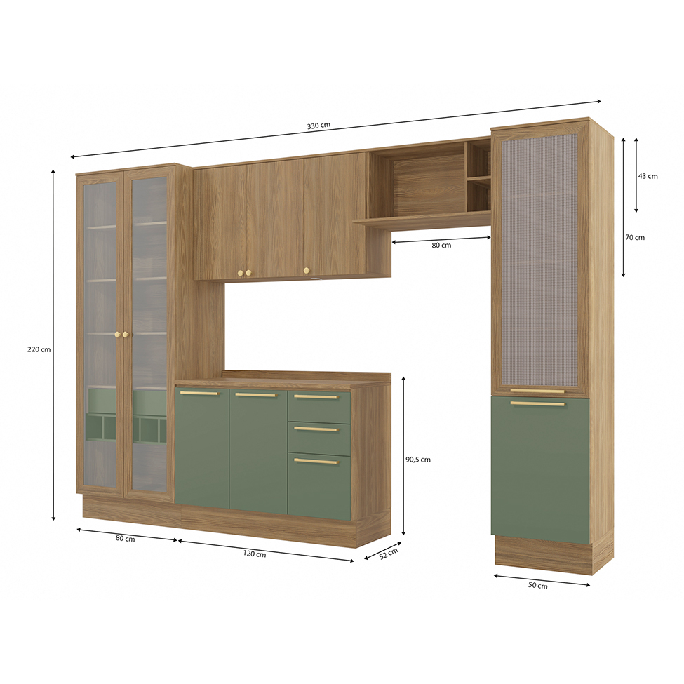 Cozinha compacta Botanic com Tela e Vidro 9 Portas 4 Gavetas Nogueira e Verde
