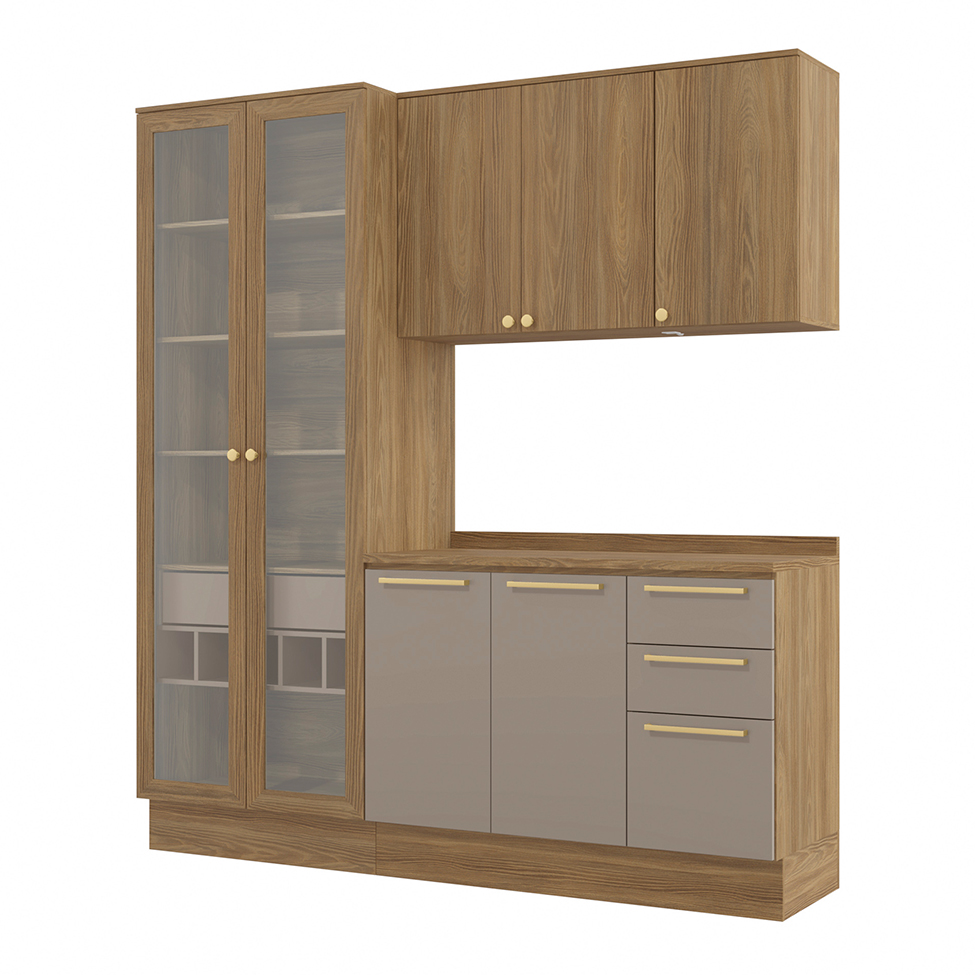 Cozinha compacta Botanic com Vidro 7 Portas 4 Gavetas Nogueira e Fendi