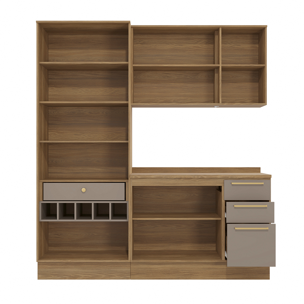 Cozinha compacta Botanic com Vidro 7 Portas 4 Gavetas Nogueira e Fendi