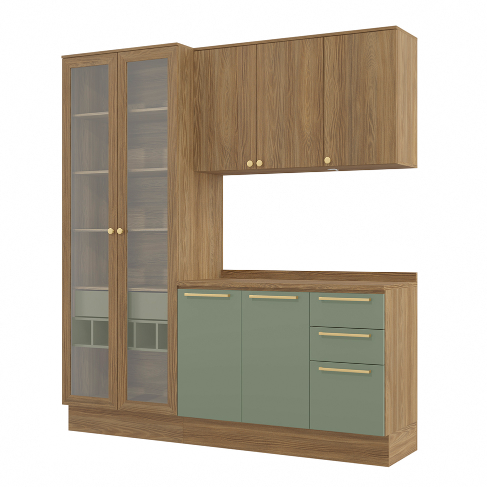 Cozinha compacta Botanic com Vidro 7 Portas 4 Gavetas Nogueira e Verde