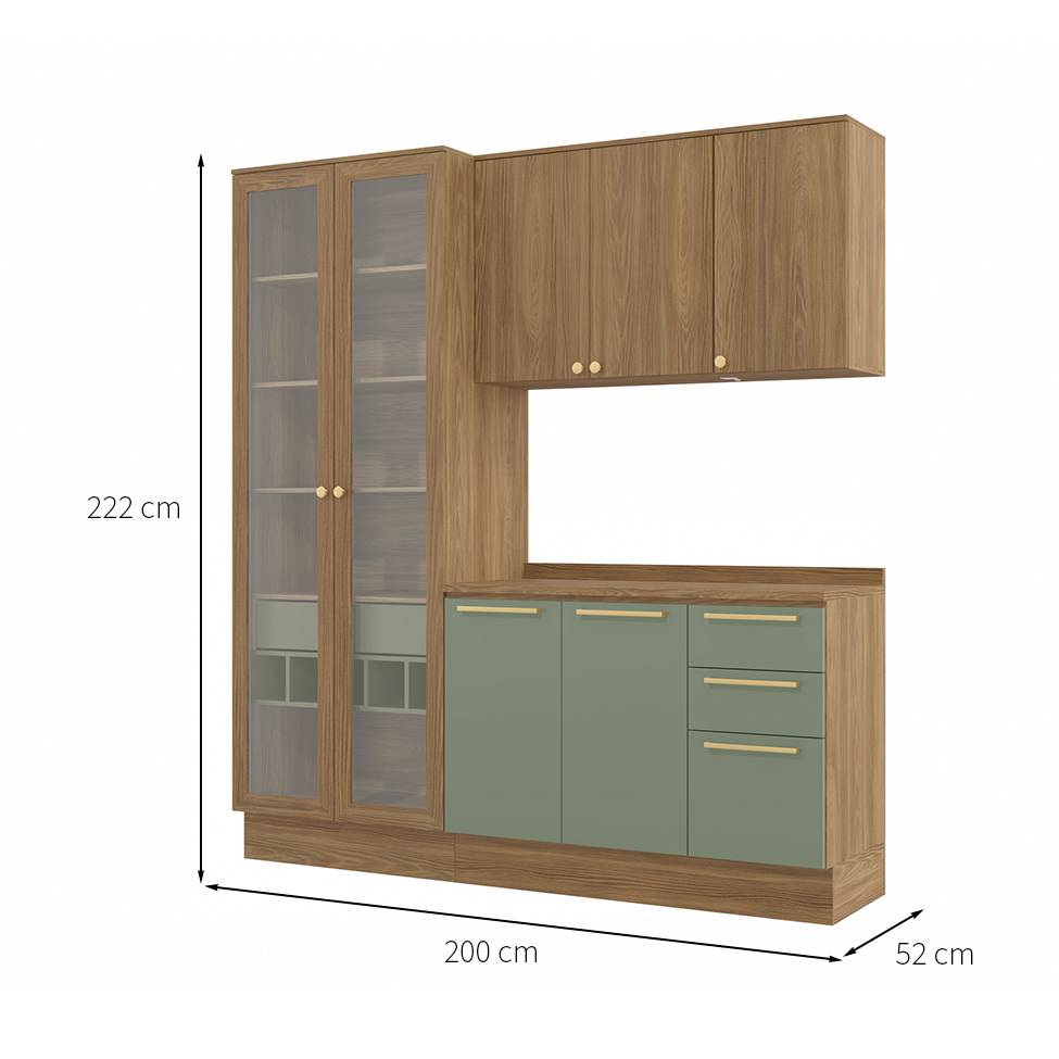 Cozinha compacta Botanic com Vidro 7 Portas 4 Gavetas Nogueira e Verde