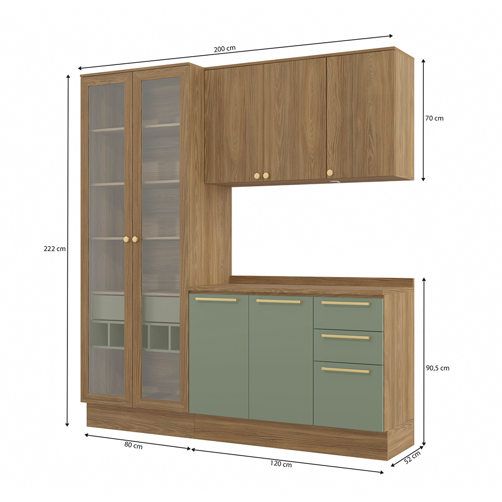 Cozinha compacta Botanic com Vidro 7 Portas 4 Gavetas Nogueira e Verde