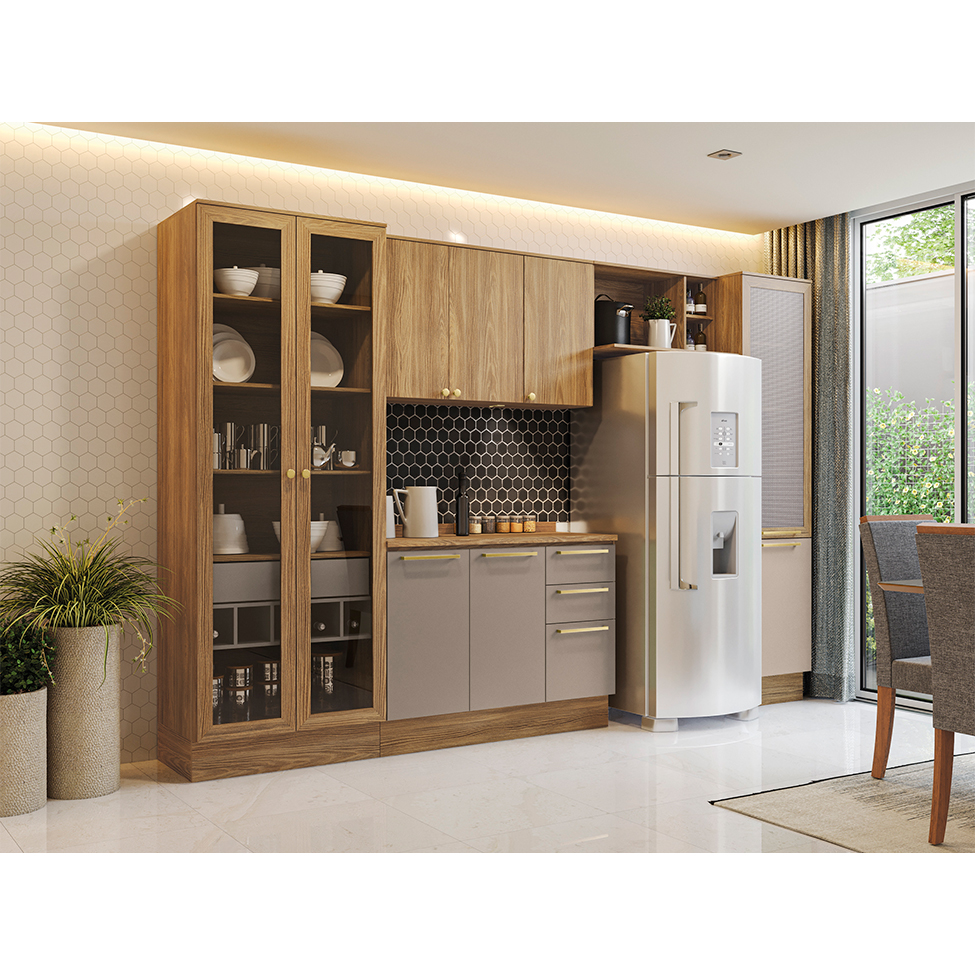 Cozinha compacta Botanic com Vidro com Tela 9 Portas 4 Gavetas Nogueira e Fendi