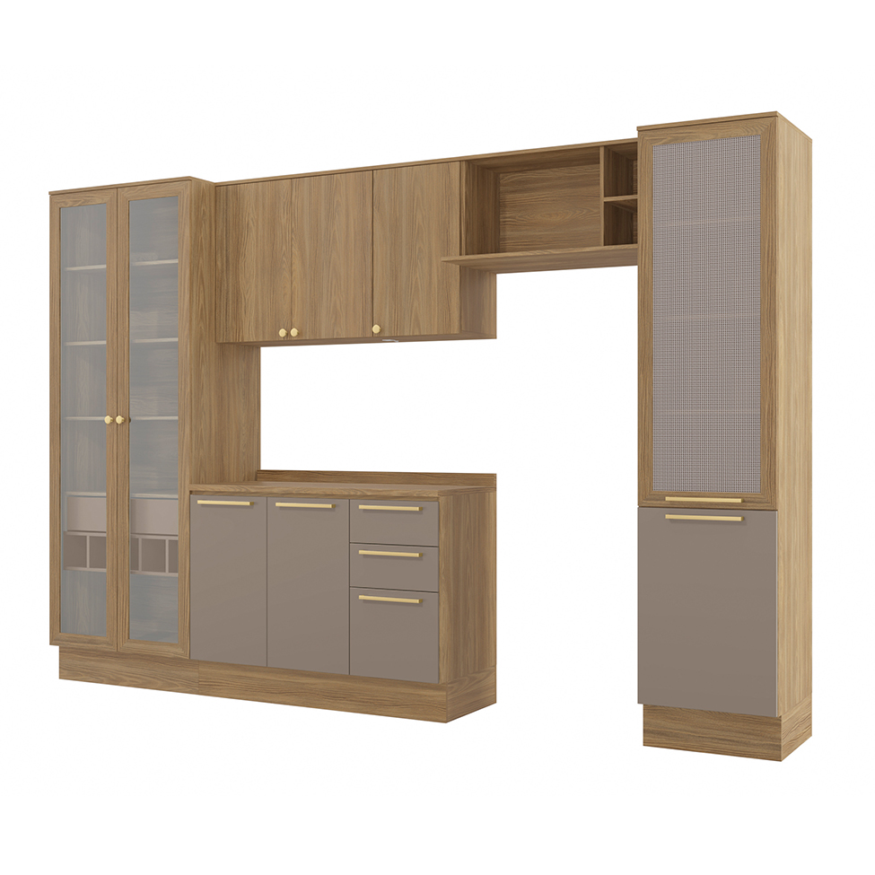 Cozinha compacta Botanic com Vidro com Tela 9 Portas 4 Gavetas Nogueira e Fendi