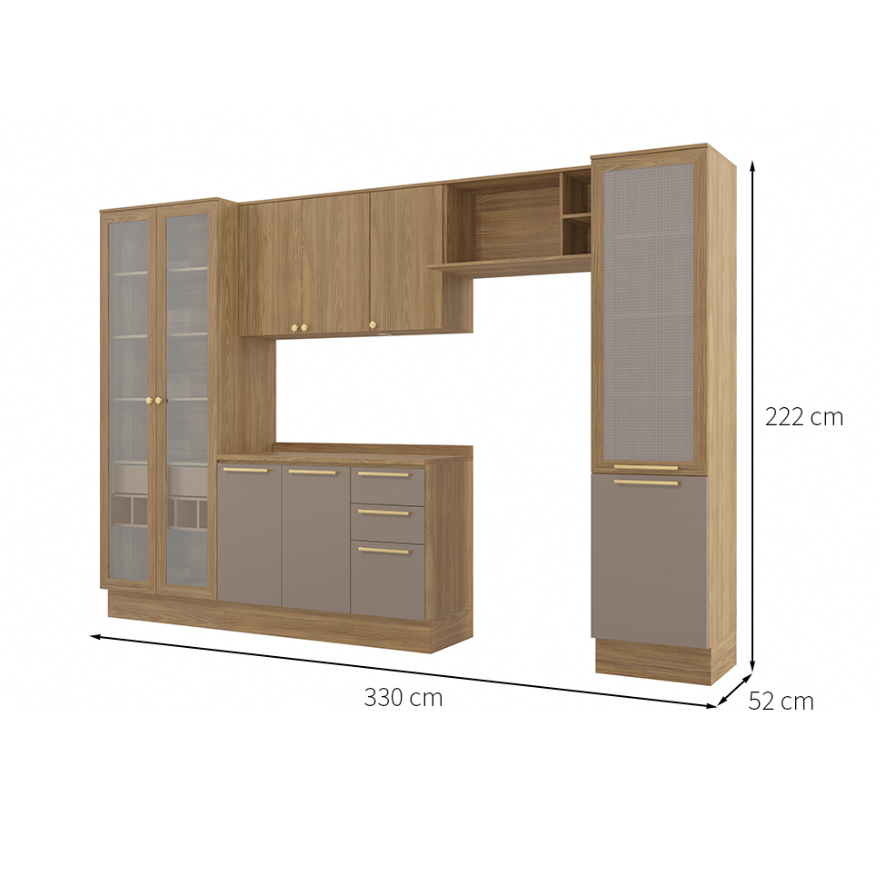 Cozinha compacta Botanic com Vidro com Tela 9 Portas 4 Gavetas Nogueira e Fendi