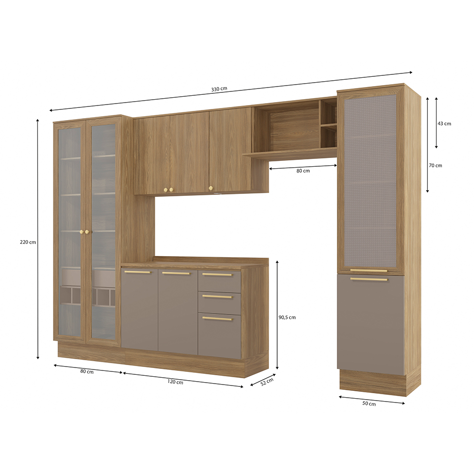 Cozinha compacta Botanic com Vidro com Tela 9 Portas 4 Gavetas Nogueira e Fendi