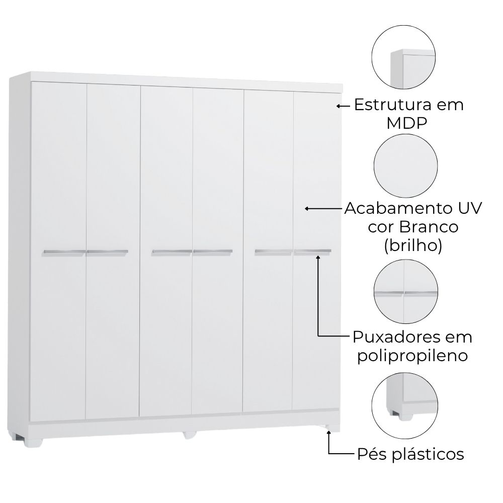 Guarda Roupa Casal 6 Portas 217x202 cm E530 Branco Kappesberg