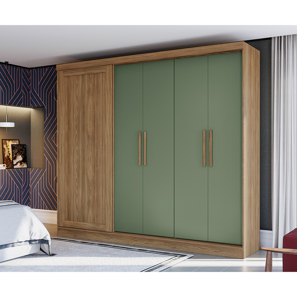 Guarda-Roupa Casal Tormaline 5 Portas 4 Gavetas Nogueira e Verde Oliva