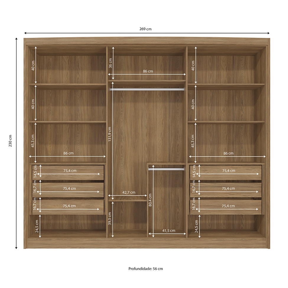 Guarda-Roupa Casal Tormaline 6 Portas 6 Gavetas Nogueira e Macadamia