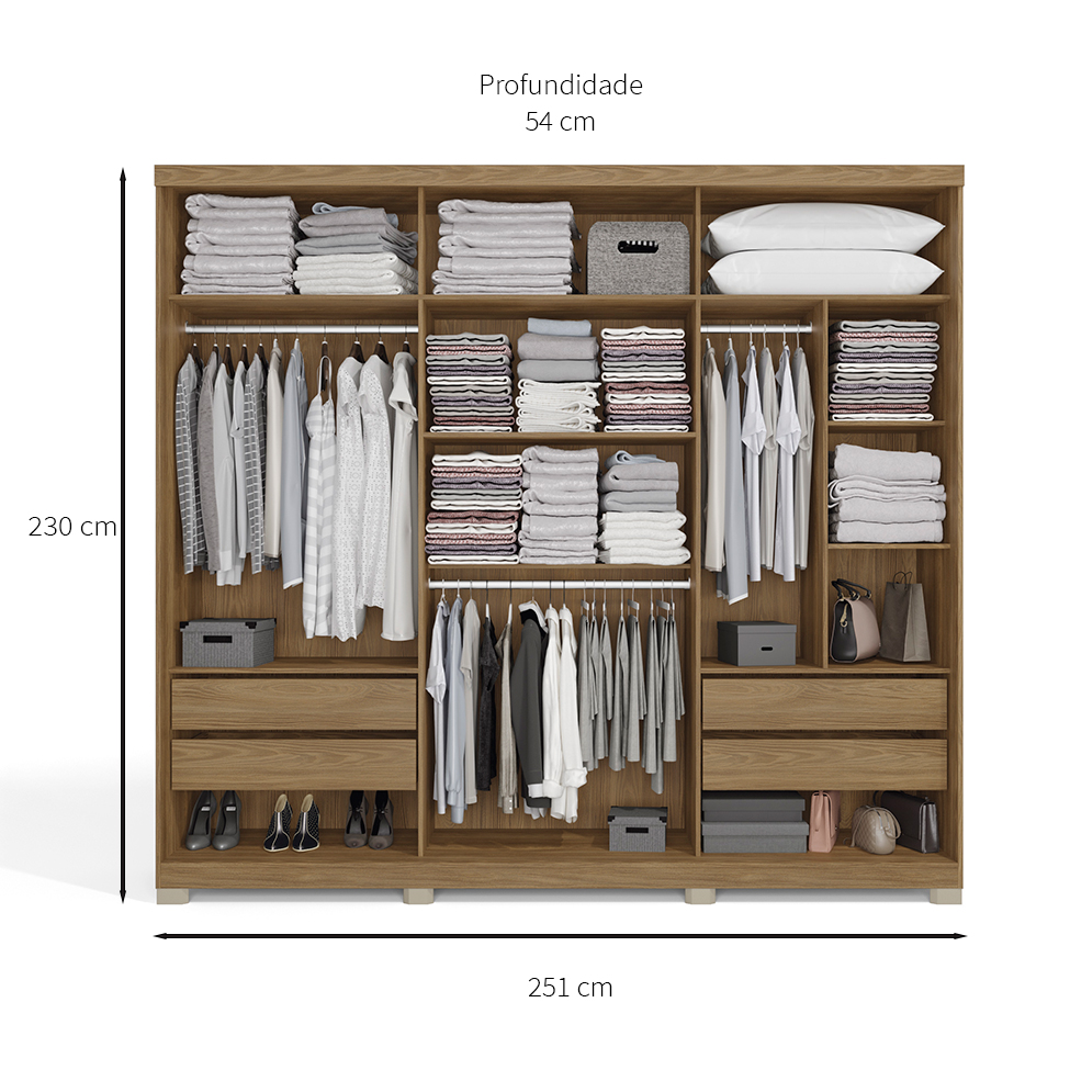 Guarda-Roupa Casal com Espelho Betta 3 Portas 4 Gavetas Nogueira