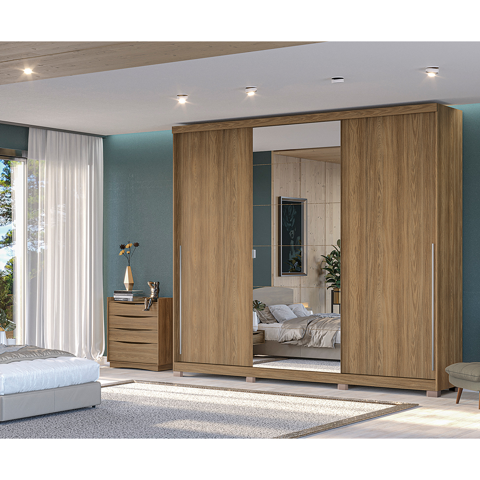 Guarda-Roupa Casal com Espelho Betta 3 Portas 4 Gavetas Nogueira