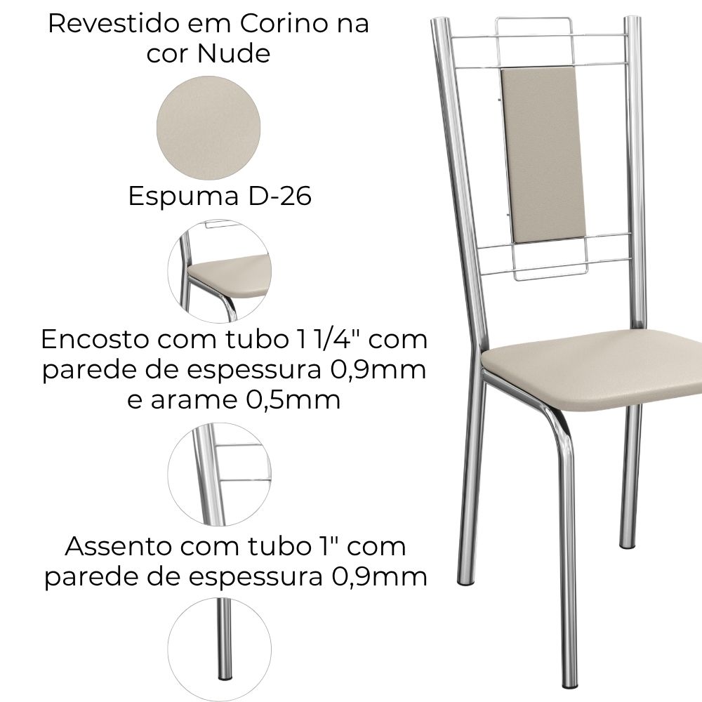 Kit 2 Cadeiras Cromada Sala Jantar 2C005CR Corino Nude Kappesberg