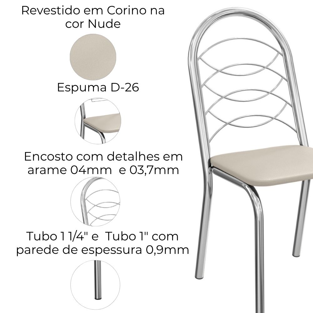 Kit 2 Cadeiras Cromada Sala Jantar 2C009CR Corino Nude Kappesberg