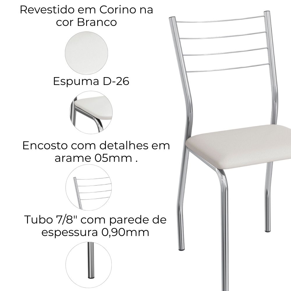 Kit 2 Cadeiras Cromada Sala Jantar 2C140CR Corino Branco Kappesberg