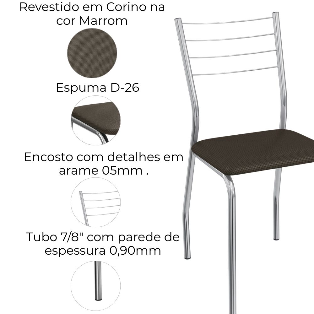 Kit 2 Cadeiras Cromada Sala Jantar 2C140CR Corino Marrom Kappesberg