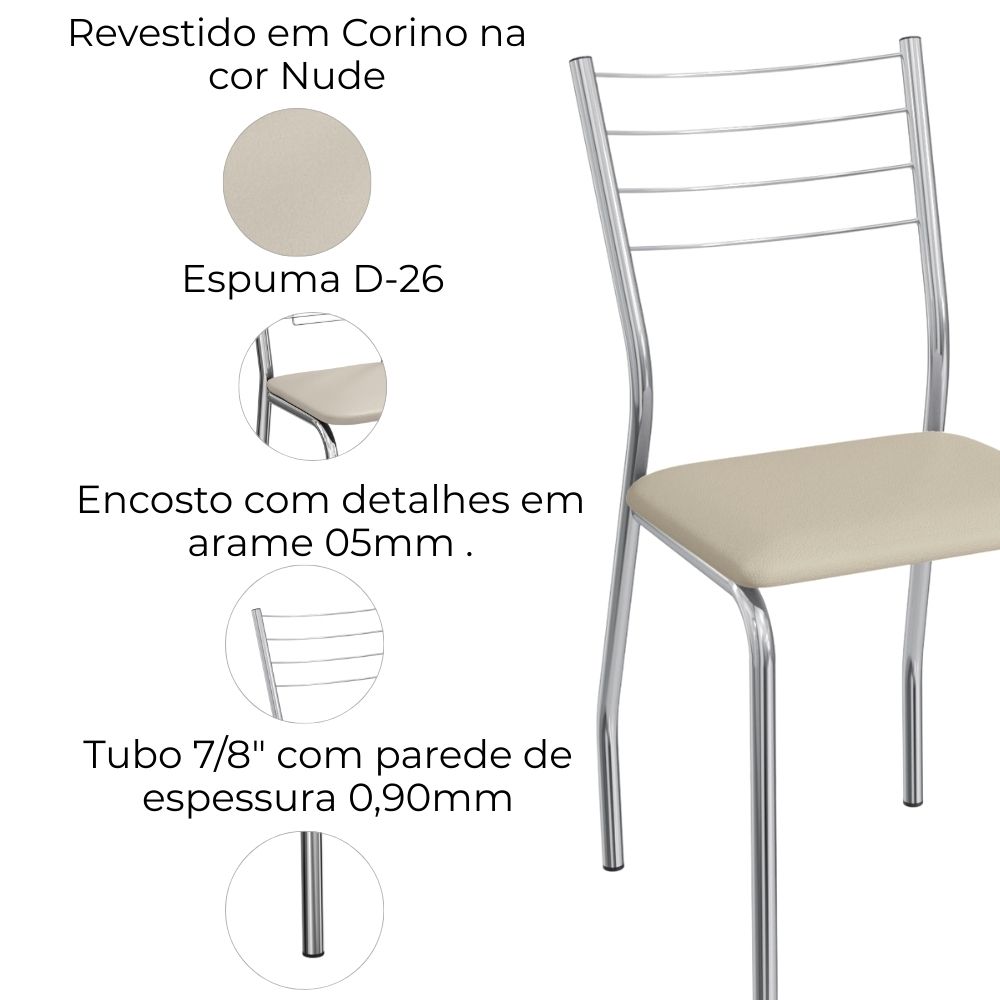 Kit 2 Cadeiras Cromada Sala Jantar 2C140CR Corino Nude Kappesberg