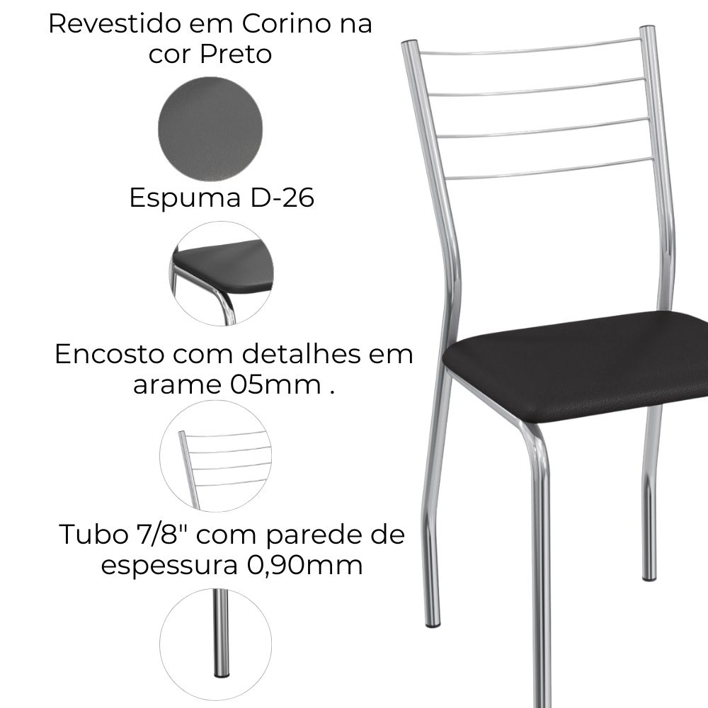 Kit 2 Cadeiras Cromada Sala Jantar 2C140CR Corino Preto Kappesberg
