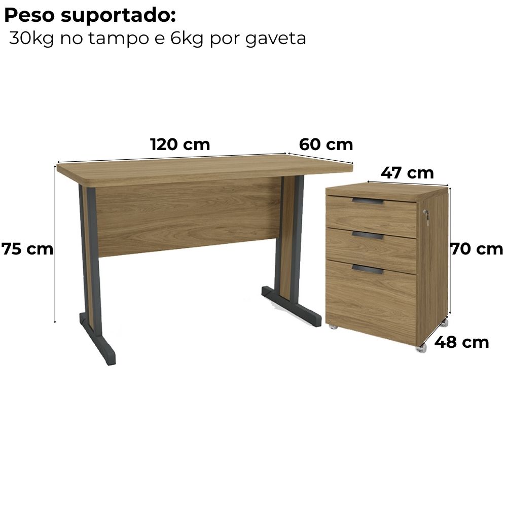 Mesa Escritorio 120 cm e Gaveteiro 3 Gavetas Versatil Itapua Kappesberg