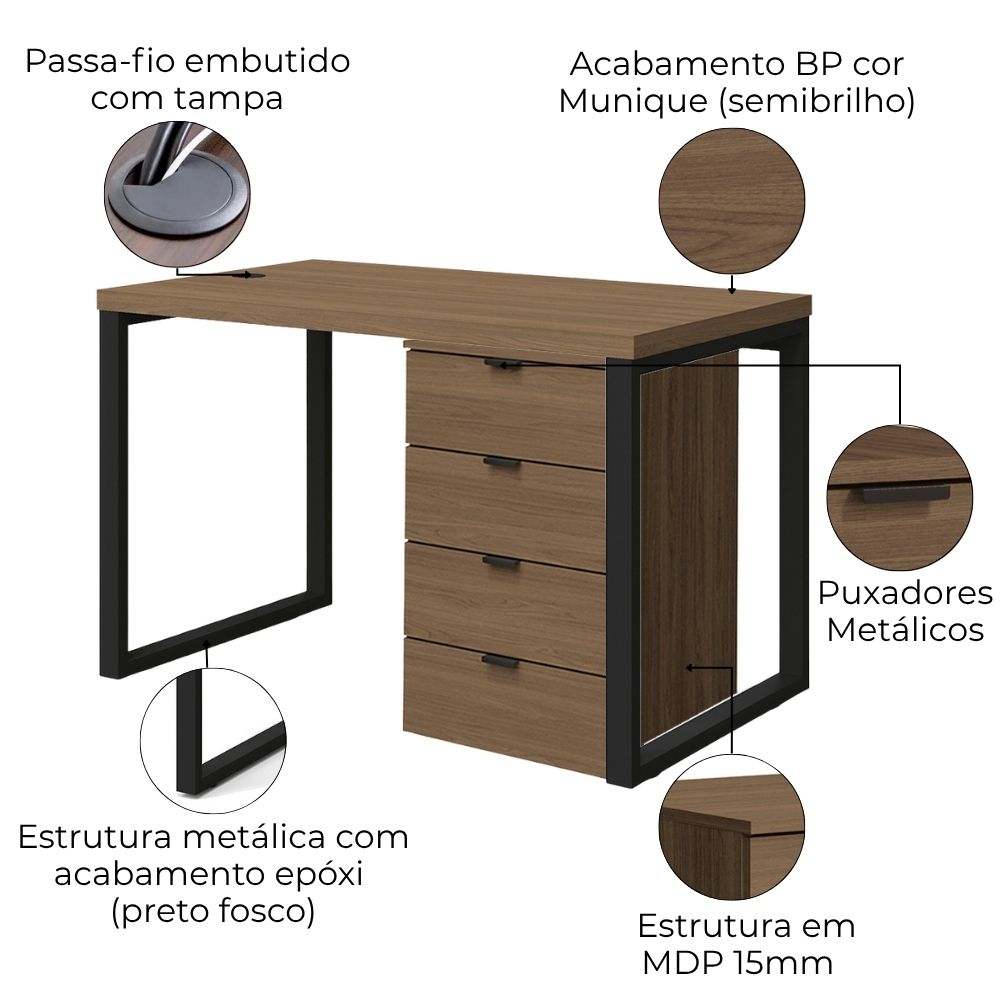 Mesa Escritorio 120 cm e Gaveteiro 4 Gavetas Frame Munique Kappesberg