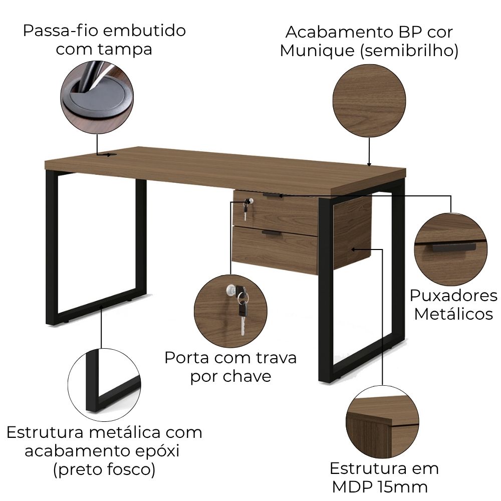 Mesa Escritorio 150 Com Gaveteiro Industrial Frame Munique Kappesberg