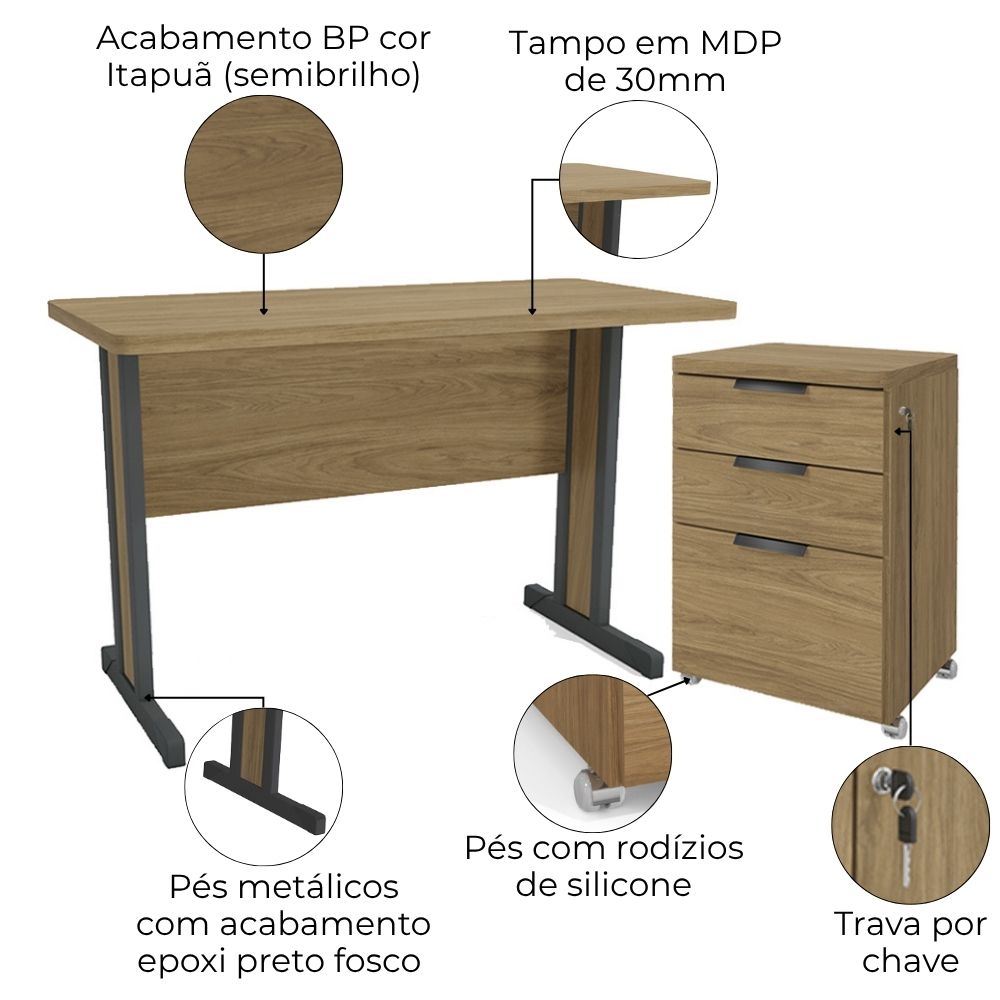 Mesa Escritorio 150 cm e Gaveteiro 3 Gavetas Versatil Itapua Kappesberg