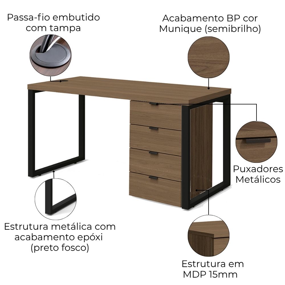 Mesa Escritorio 150 cm e Gaveteiro 4 Gavetas Frame Munique Kappesberg