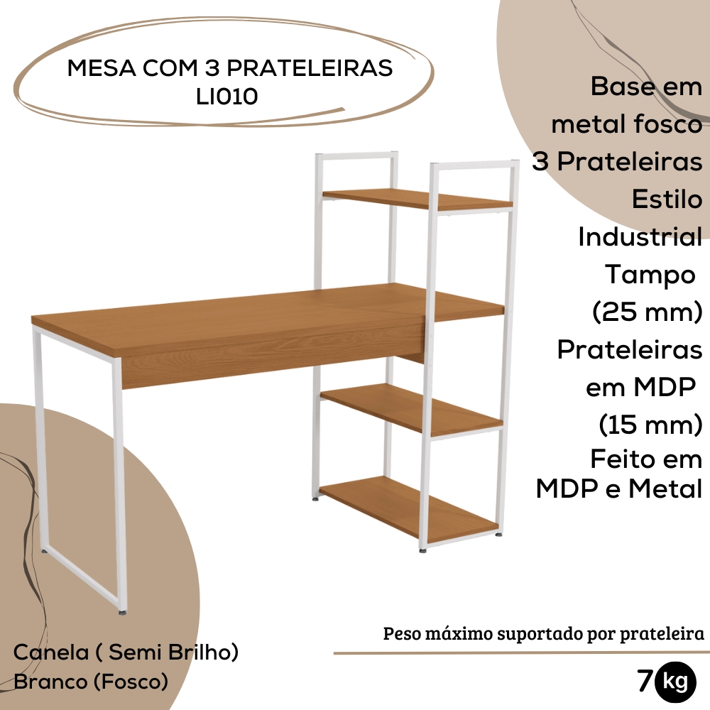 Mesa Escrivaninha Prateleiras 136 cm LI010 Canela Branco KPB