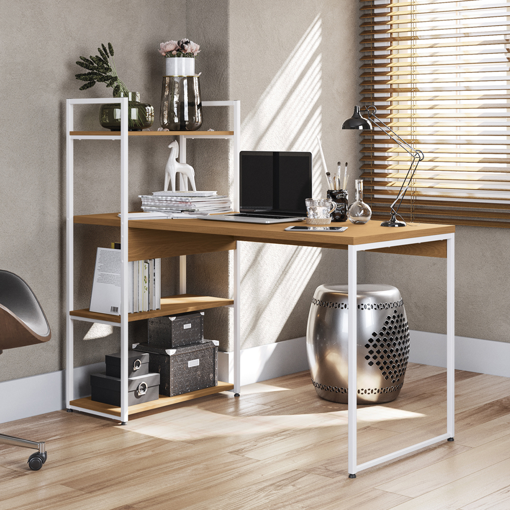 Mesa Escrivaninha Prateleiras 136 cm LI010 Canela Branco KPB