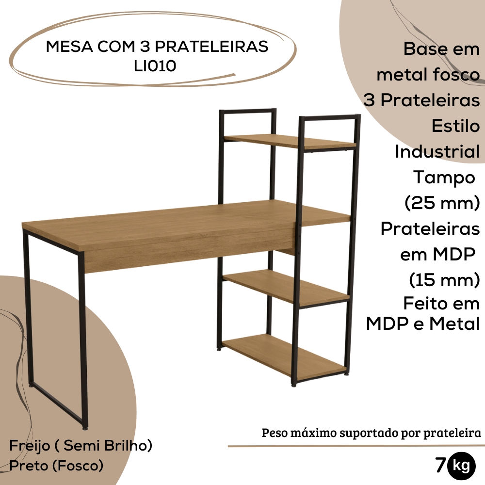 Mesa Escrivaninha Prateleiras 136 cm LI010 Freijo Preto Fosco KPB