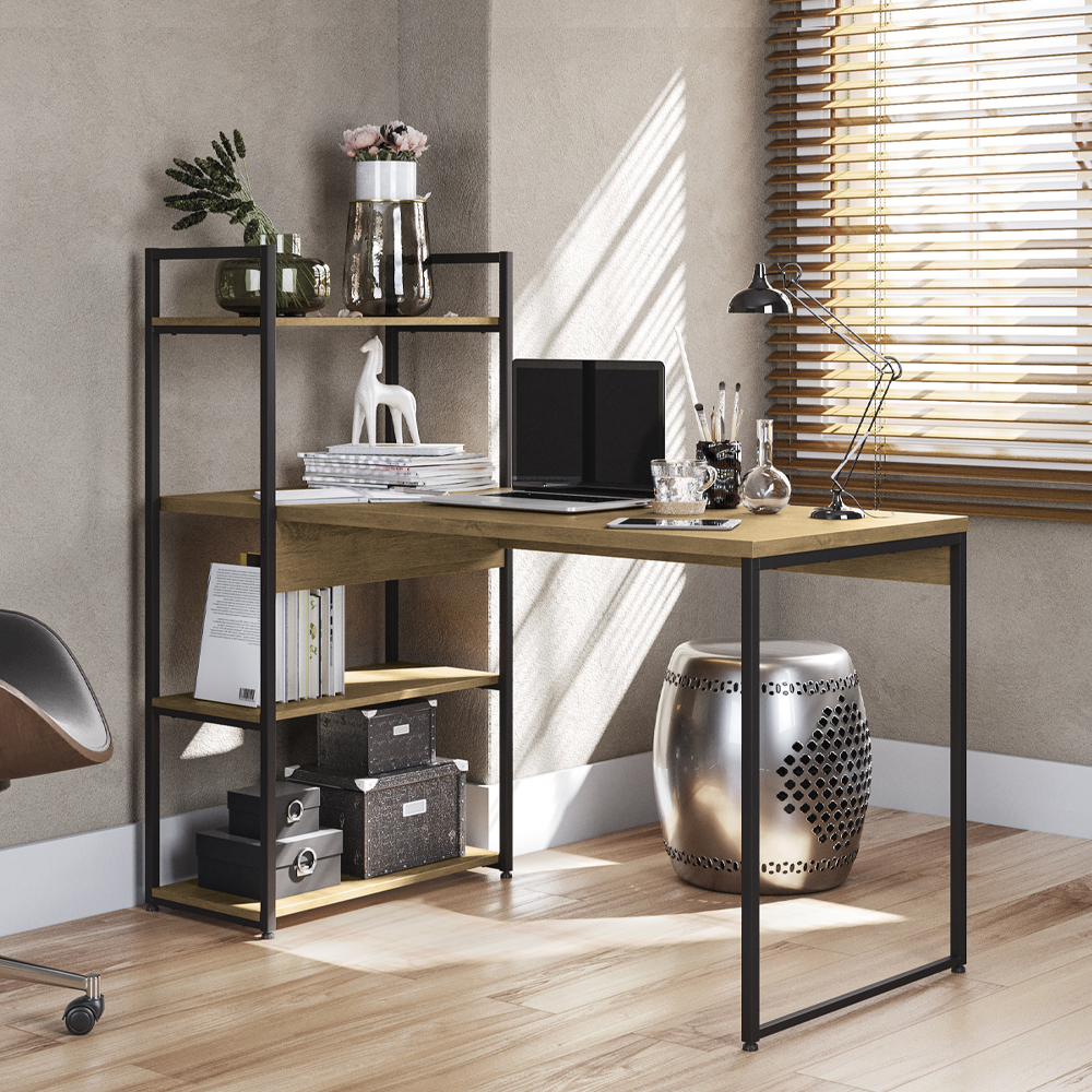 Mesa Escrivaninha Prateleiras 136 cm LI010 Freijo Preto Fosco KPB
