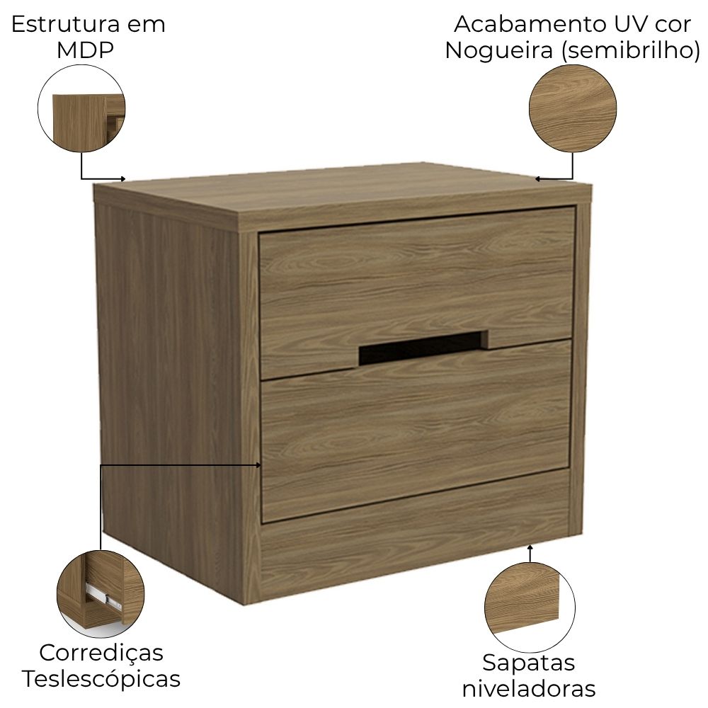 Mesa de Cabeceira 2 Gavetas 54 cm S822 Nogueira Kappesberg