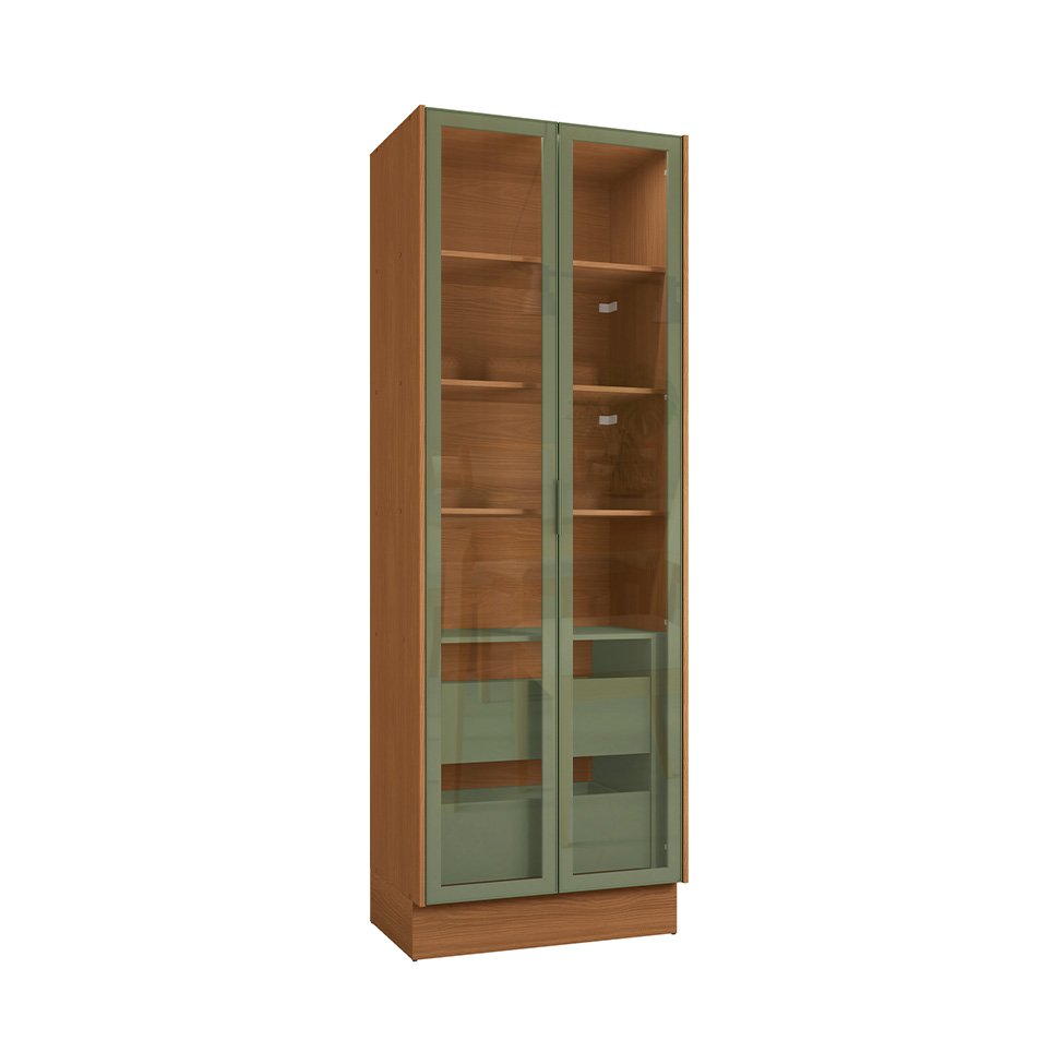 Paneleiro com Vidro Vibra 2 Portas 2 Gavetas Canela e Verde Pistache